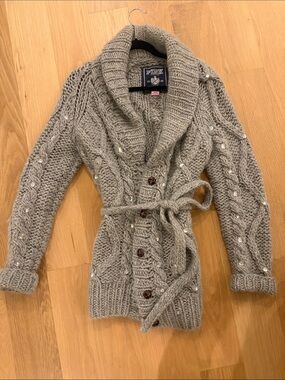 PINK Victoria's Secret Gray Cable Knit Shawl Collar Cardigan with Belt